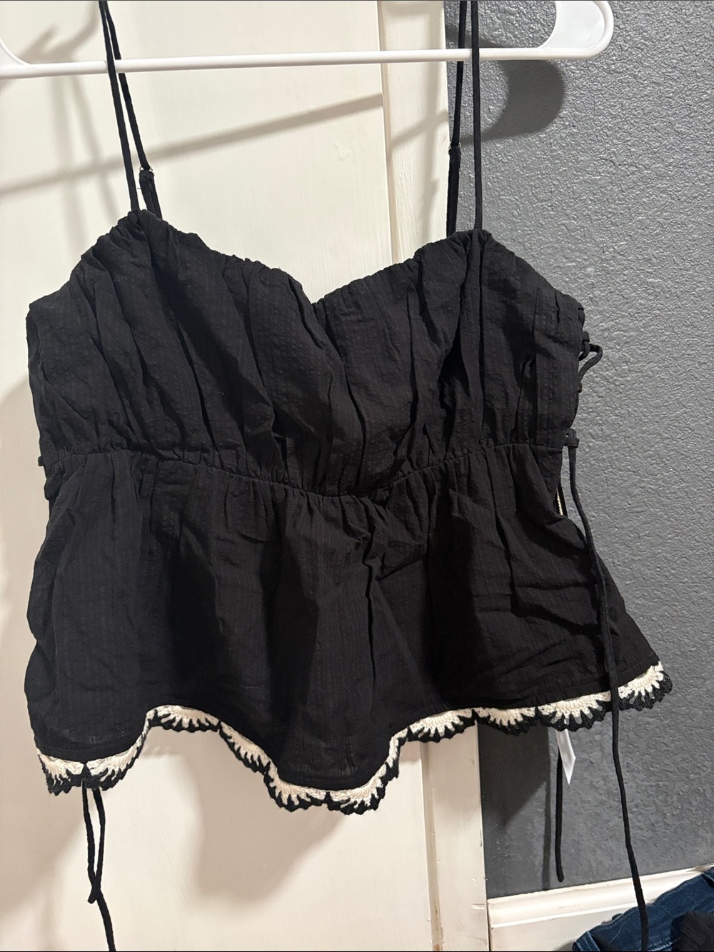 Lumiere Black Spaghetti-Strap Peplum Camisole with Cream Scallop Trim